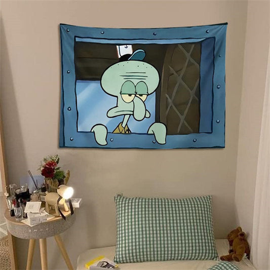 Cartoon Squidward Krusty Krab Window Wall Tapestry